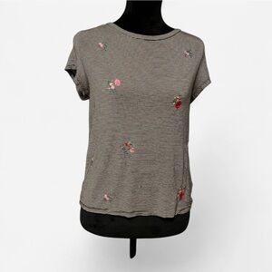 AEO Soft & Sexy Tee, Black & White Stripe with Floral Embroidery, Size Medium